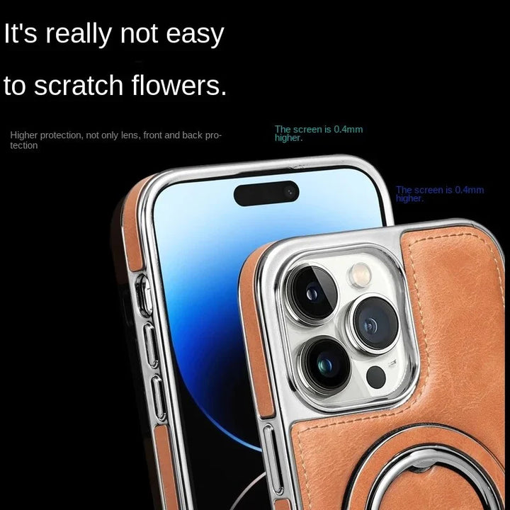 Braune iPhone Lederhülle mit unsichtbarem Ständer; schützt Ihr Handy und ermöglicht bequemes Ansehen.