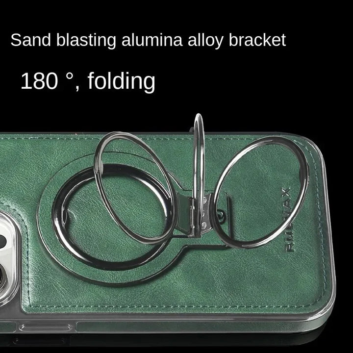 Schwarze Business iPhone Lederhülle mit ausklappbarem Ständer für stilvollen Schutz und Freisprechfunktion.