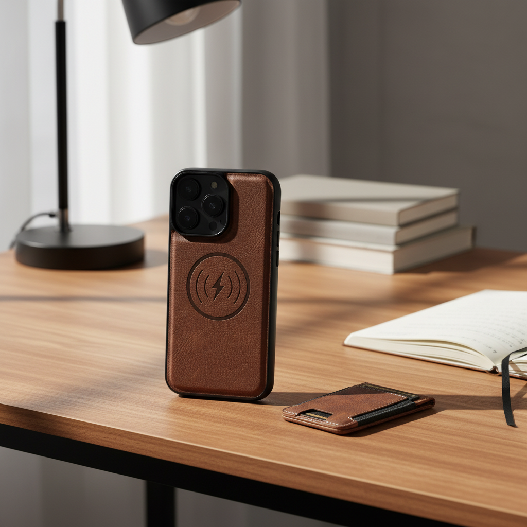 Elegante iPhone Lederhülle mit Magnetständer, Kartenfach und MagSafe; optimaler Schutz.