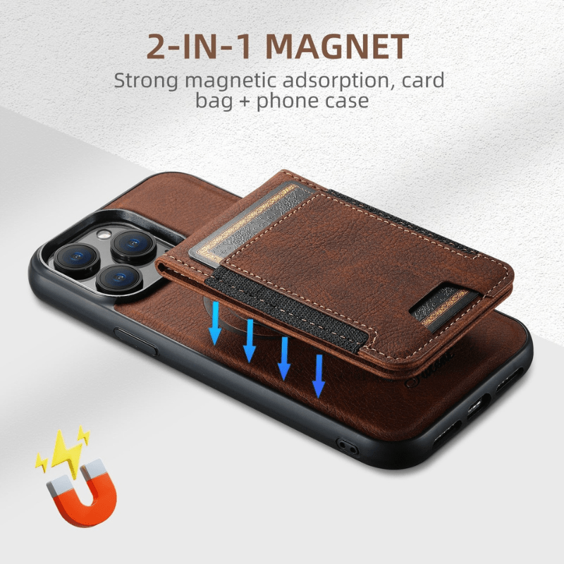 Edle iPhone Lederhülle, MagSafe-kompatibel, mit vielseitigem Ständer und Geldbörsenfunktion.