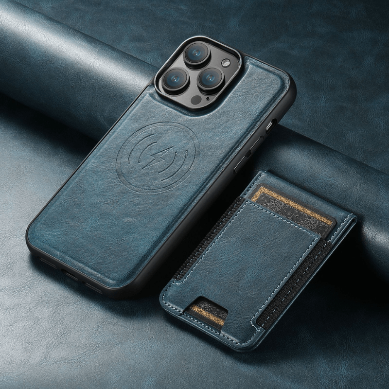 Khaki iPhone Lederhülle mit integriertem Magnetständer, Kartenfächern und MagSafe-Funktion für Komfort.