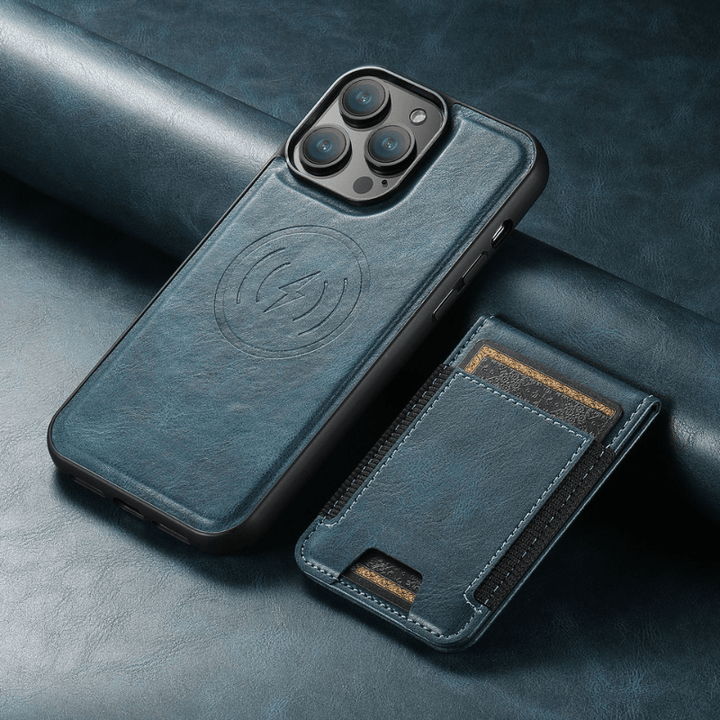 Khaki iPhone Lederhülle mit integriertem Magnetständer, Kartenfächern und MagSafe-Funktion für Komfort.