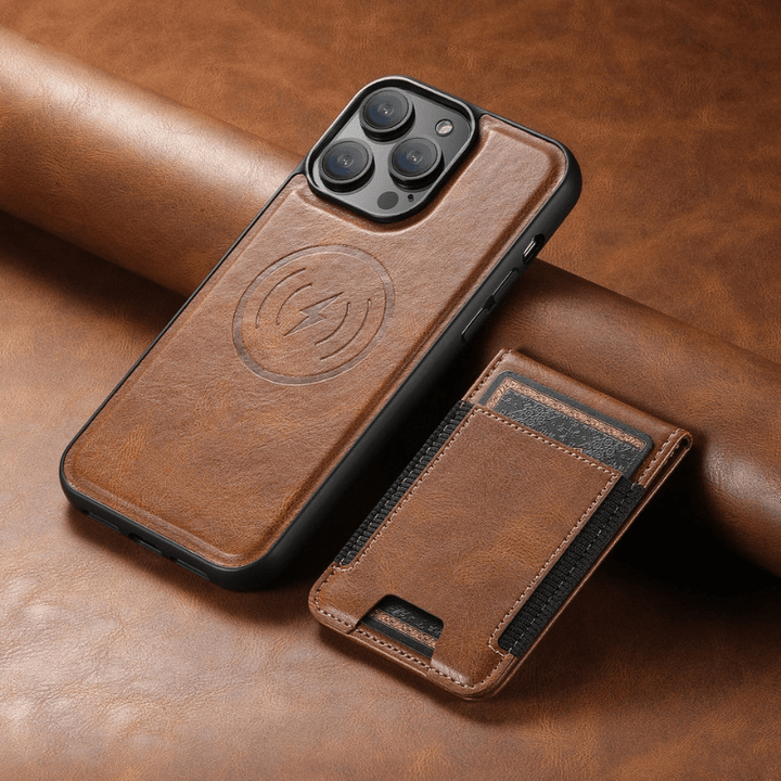 Robuste Leder Handyhülle für iPhone mit praktischem Magnetständer, Kartenfach und stilvollem Premium-Design.