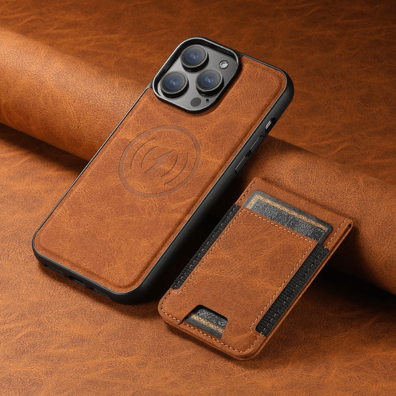Hochwertige iPhone Schutzhülle aus Leder mit Magnetständer, integriertem Kartenhalter und stoßfestem Design.