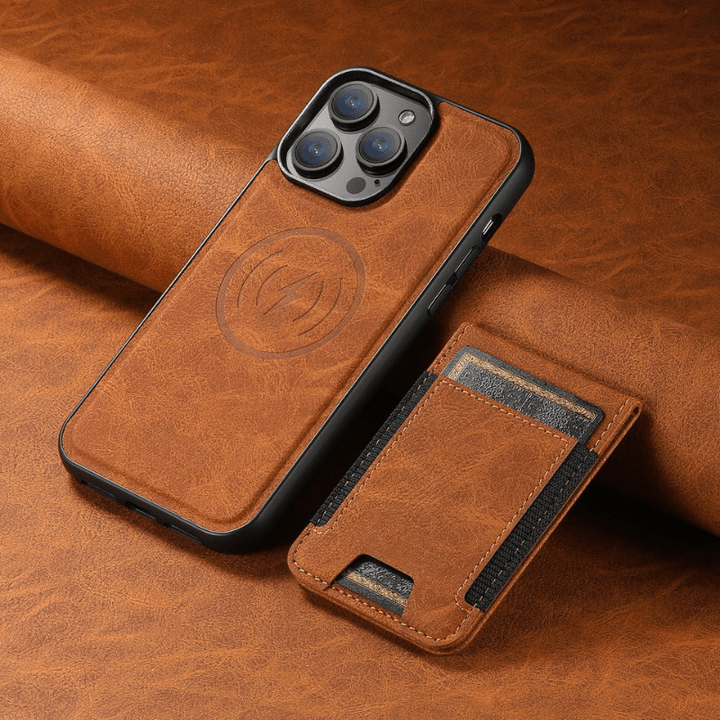 Hochwertige iPhone Schutzhülle aus Leder mit Magnetständer, integriertem Kartenhalter und stoßfestem Design.