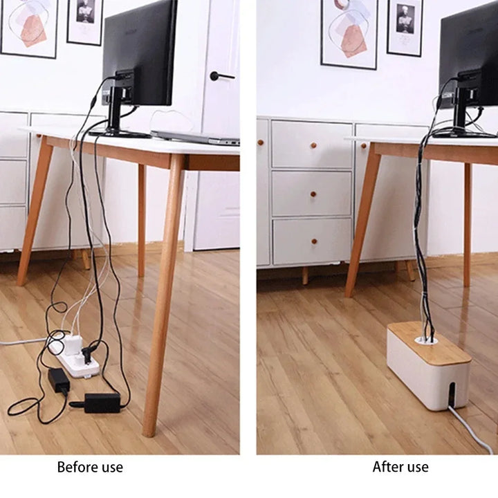Aufbewahrungsbox aus Holz & Kunststoff zur eleganten Kabelorganisation für Homeoffice & Schreibtisch.