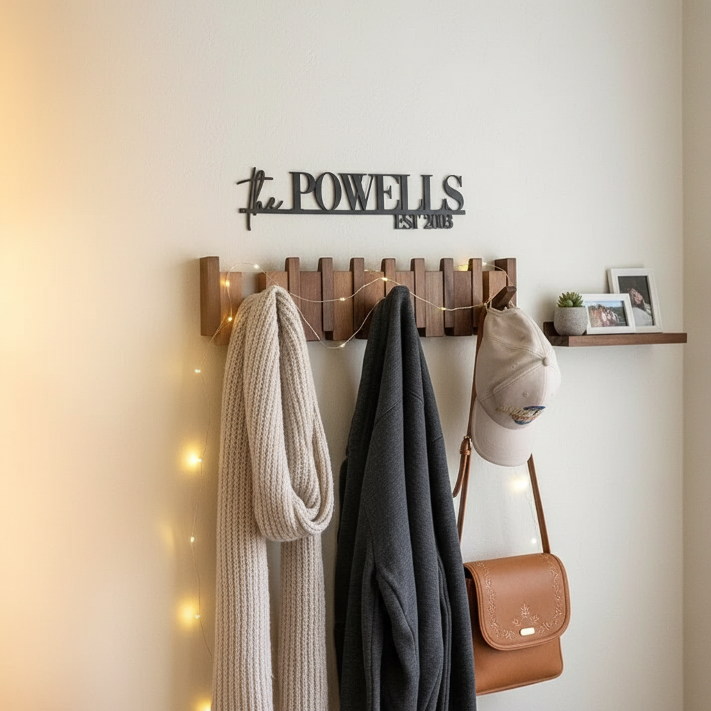 Elegante Klaviergarderobe aus Holz für stilvolle Wandorganisation im Eingangsbereich.