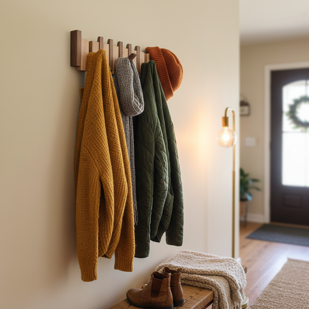 Hölzerne Klavier-Wandgarderobe mit Haken für Jacken & Mäntel, ideal für den Flur.