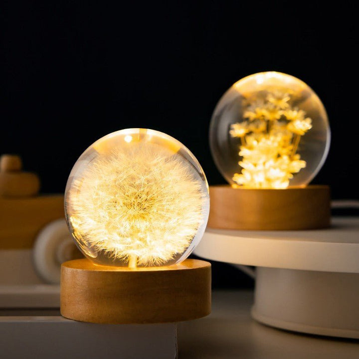 Stimmungsvolle Kristallkugel Lampe mit Ewigen Blumen als romantisches LED-Nachttischlicht und Dekoration.