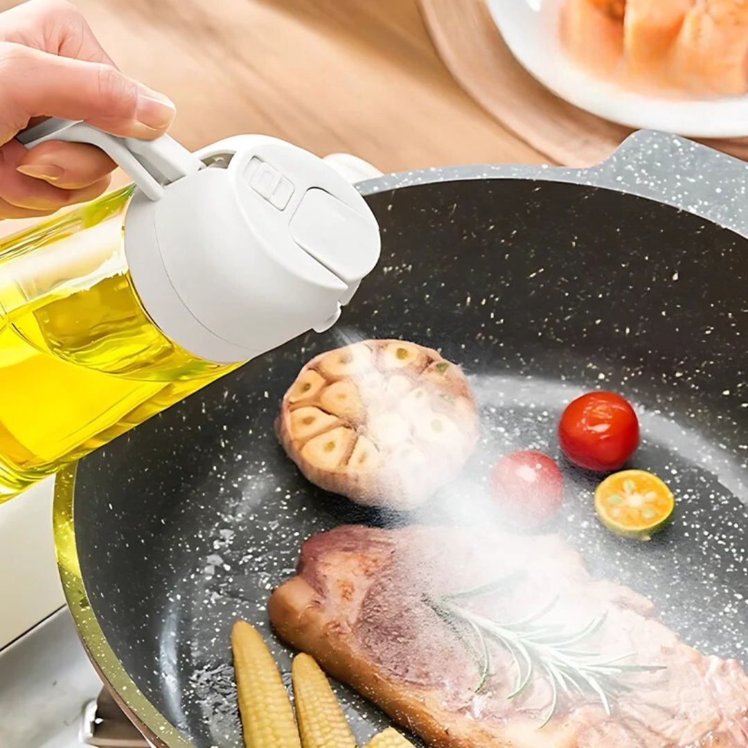 Elegante Öl Sprühflasche für gezieltes Sprühen von Öl. Ideal für gesundes Kochen, Braten, Backen und Salat.