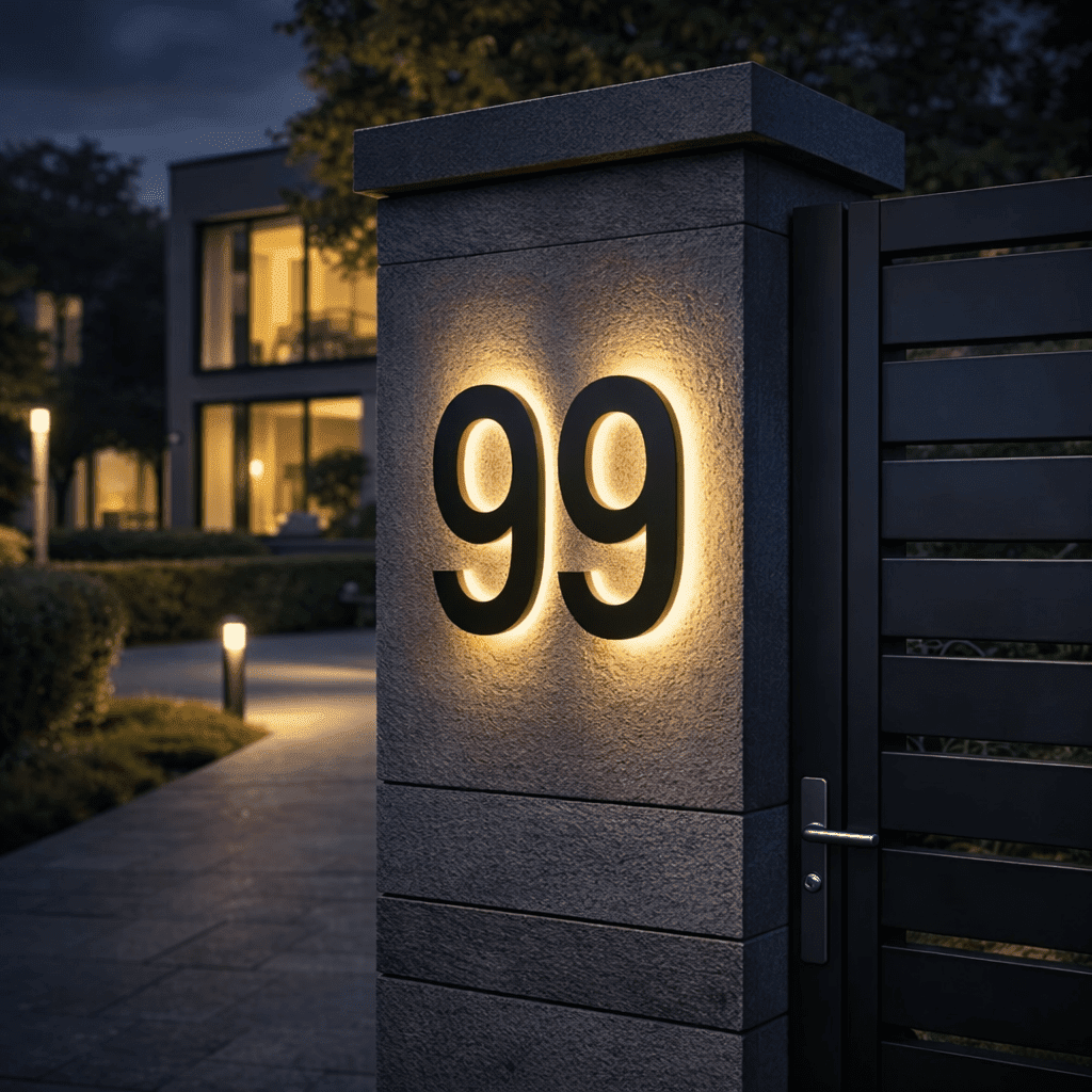 Elegante LED-Hausnummer: Moderne, beleuchtete Hausnummer für den Hauseingang, witterungsbeständig.