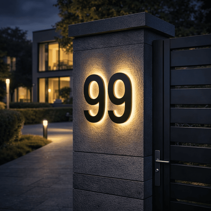 Elegante LED-Hausnummer: Moderne, beleuchtete Hausnummer für den Hauseingang, witterungsbeständig.