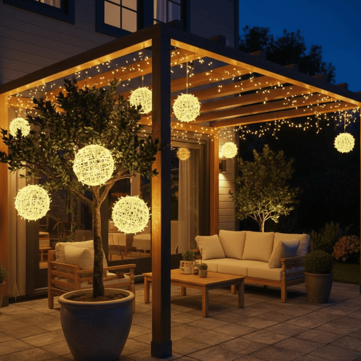 Elegante LED-Lichtkugel für Balkon & Terrasse, dimmbar, farbig leuchtend.