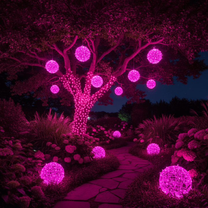 Farbige LED-Dekoleuchte in Kugelform, ideal für ein gemütliches Balkonambiente.