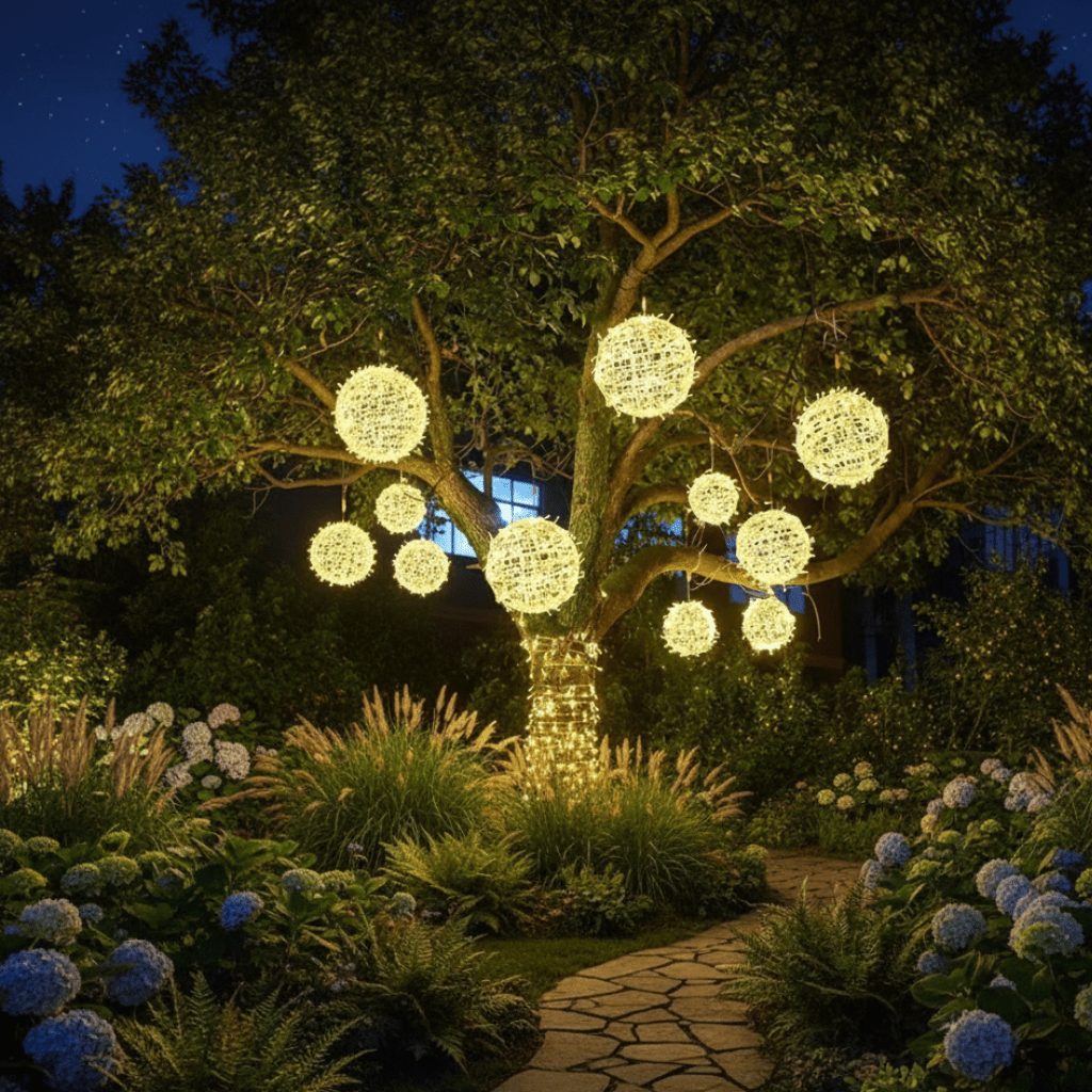 Moderne LED-Gartenleuchte als Kugel, wetterfest für den Außenbereich, langlebig.