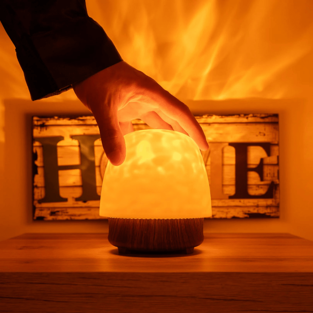 Elegante LED Tischlampe mit Bluetooth Lautsprecher und 16 Farbmodi für stimmungsvolle Wohnzimmerbeleuchtung.