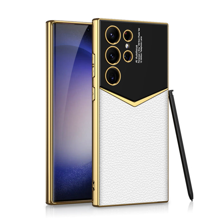 Lila Leder Handyhülle für Samsung Galaxy Ultra Modelle. Robuste stoßfeste Hülle, stilvolles Accessoire.