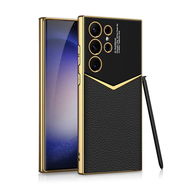 Kratzfeste Lederhülle für Samsung Galaxy Ultra Smartphones. Schützt vor Stößen, elegantes Design für täglichen Gebrauch.
