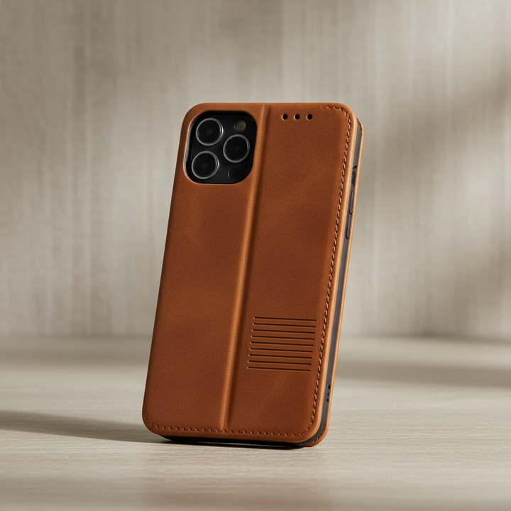 Elegante Leder Klapphülle für iPhone mit praktischem Kartenfach & Magnetverschluss; hochwertiger Schutz.