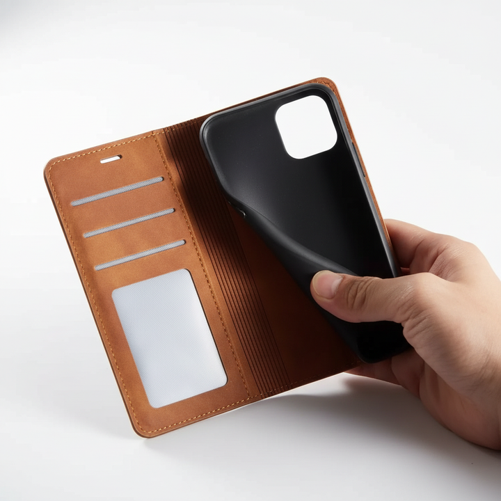 Premium iPhone Lederhülle, Klapphülle mit integriertem Kartenfach & sicherem Magnetverschluss für optimalen Handyschutz.