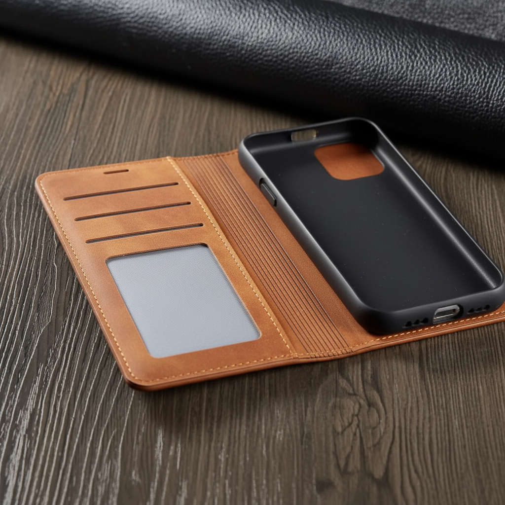 Stilvolle LeatherFoliox iPhone Schutzhülle aus Leder, mit Klappfunktion und Kartenfächern für Eleganz & Komfort.