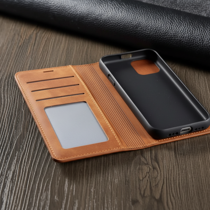 Stilvolle LeatherFoliox iPhone Schutzhülle aus Leder, mit Klappfunktion und Kartenfächern für Eleganz & Komfort.