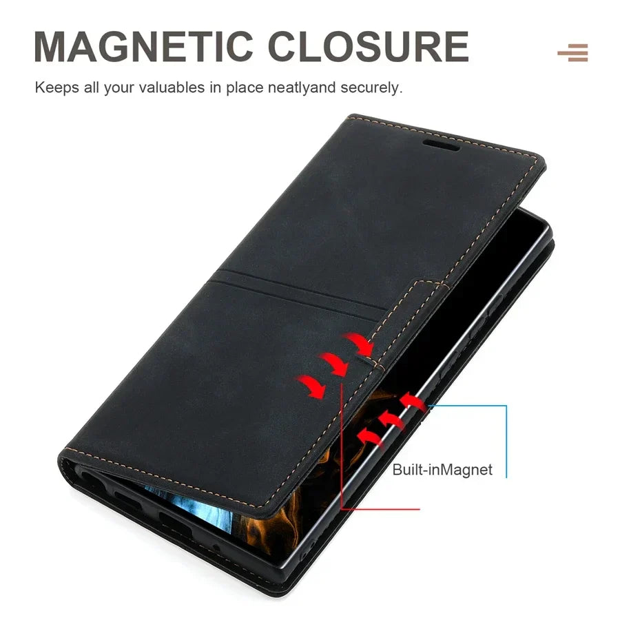 Premium Flip Case aus Leder für Google Pixel, mit integrierten Kartenfächern und praktischer Standfunktion.