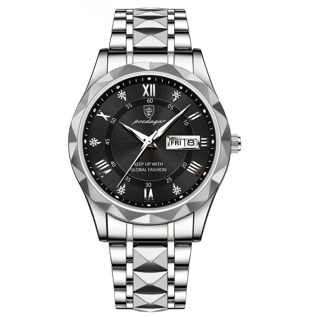 Obere Ansicht der LumiSteel Herrenuhr, glänzendes Edelstahlarmband und klares Zifferblatt.