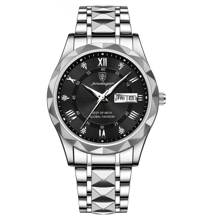 Obere Ansicht der LumiSteel Herrenuhr, glänzendes Edelstahlarmband und klares Zifferblatt.