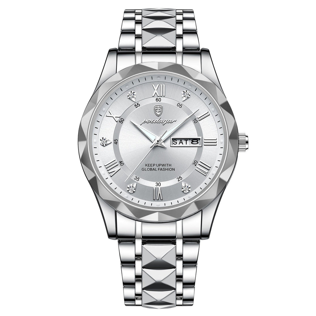 LumiSteel Herrenuhr aus Edelstahl auf dunklem Hintergrund, betont die Eleganz und Leuchtfähigkeit des Zifferblatts.