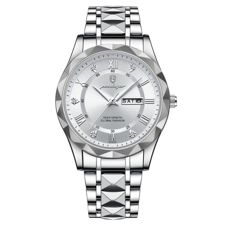 LumiSteel Herrenuhr aus Edelstahl auf dunklem Hintergrund, betont die Eleganz und Leuchtfähigkeit des Zifferblatts.