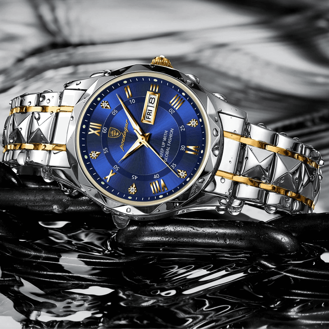 Nahaufnahme der LumiSteel Herrenuhr: Leuchtzifferblatt mit deutlichen Markierungen und Edelstahlgehäuse.