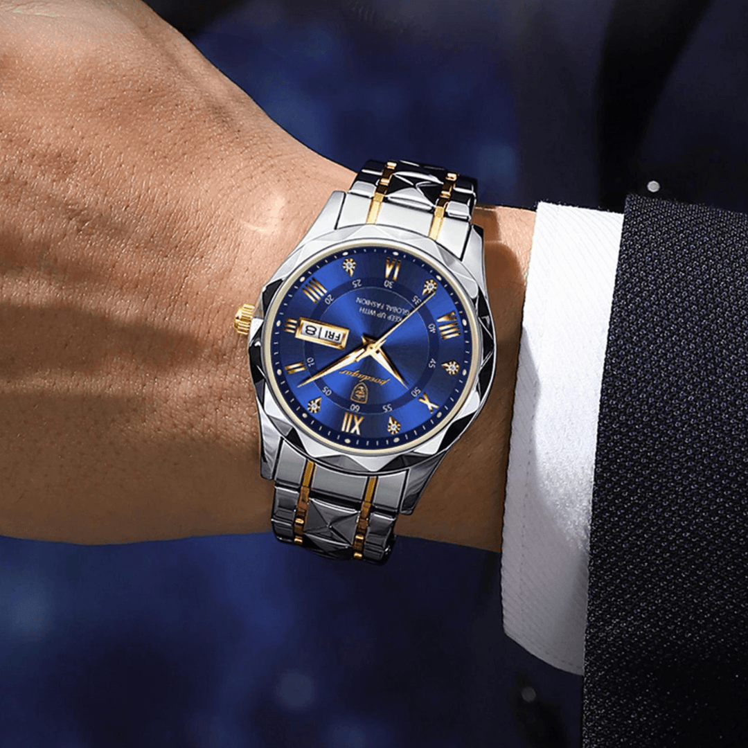 Detailansicht des polierten Edelstahl-Gehäuses der LumiSteel Herrenuhr, wasserdicht und hochwertig.