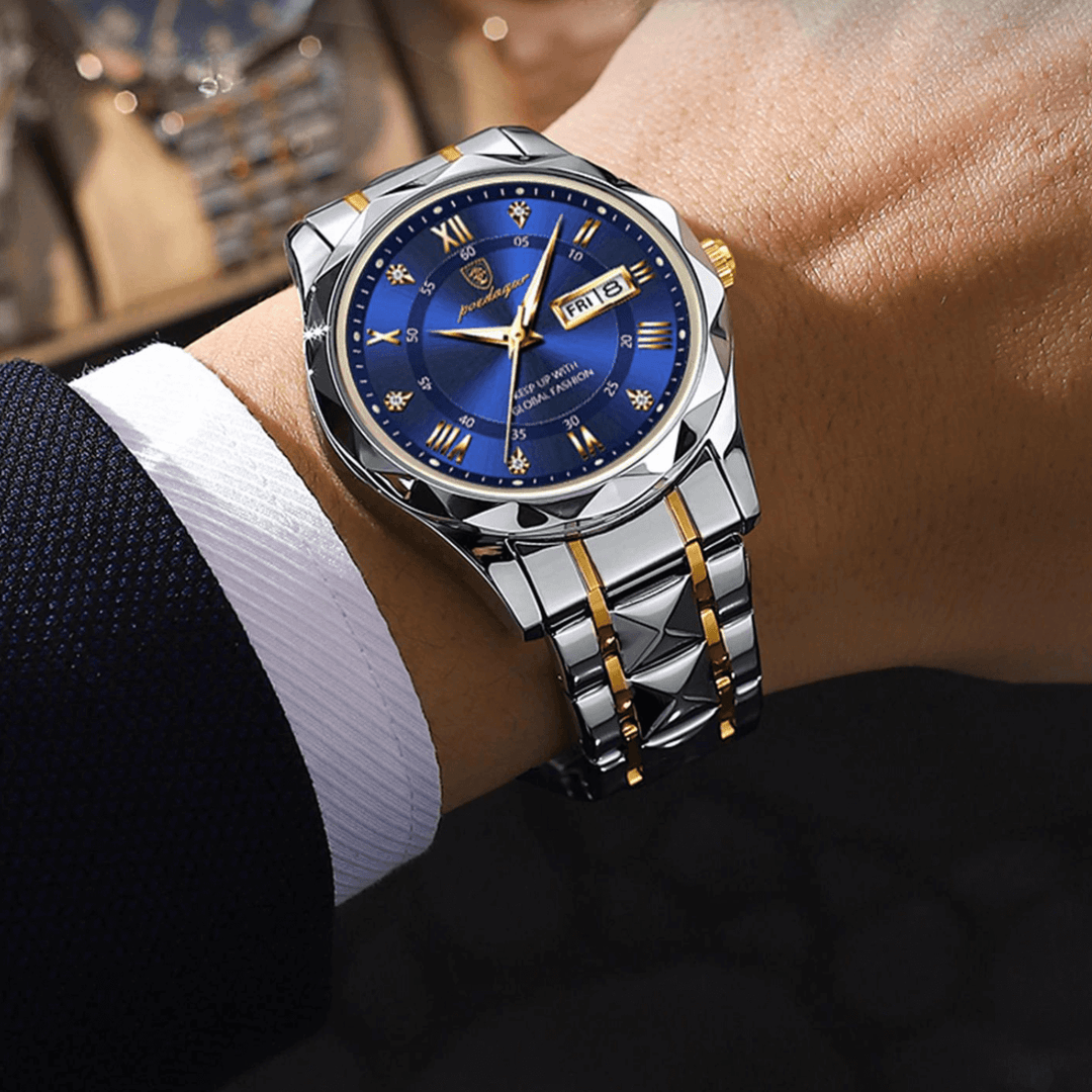 Seitliche Ansicht der LumiSteel Herrenuhr, zeigt schlankes Profil und klassische Linienführung.