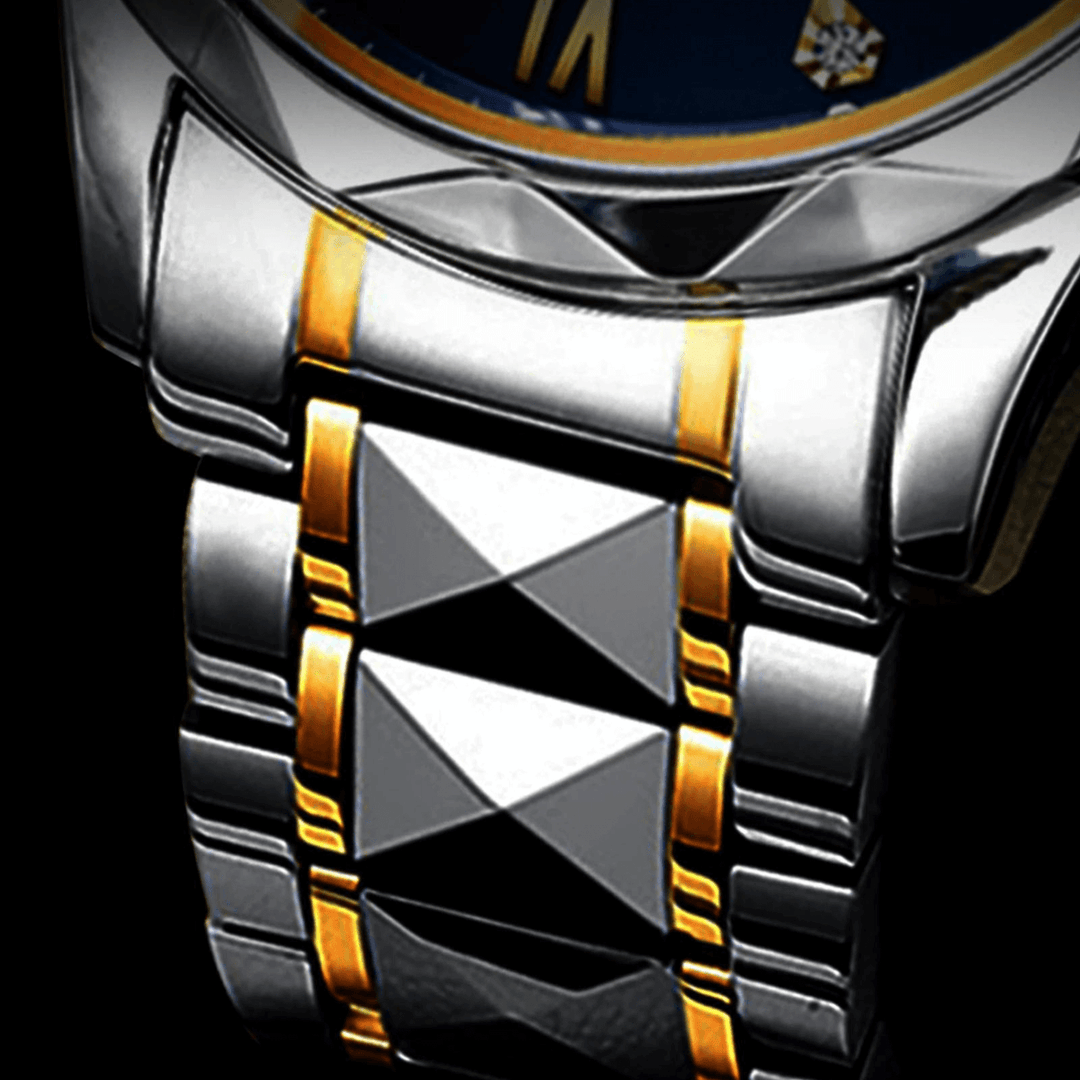 Elegante LumiSteel Quarz-Herrenuhr aus Edelstahl auf Uhrenständer, präziser und stilvoller Zeitmesser.