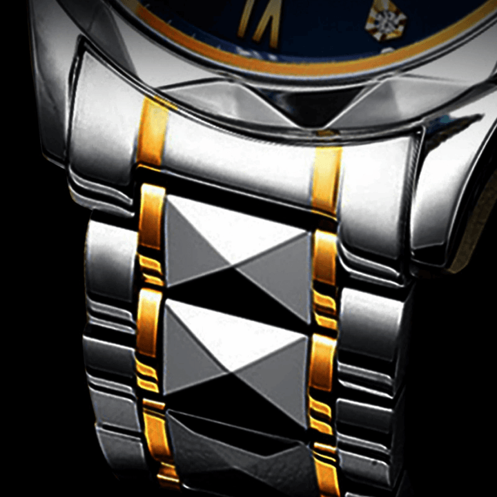 Elegante LumiSteel Quarz-Herrenuhr aus Edelstahl auf Uhrenständer, präziser und stilvoller Zeitmesser.