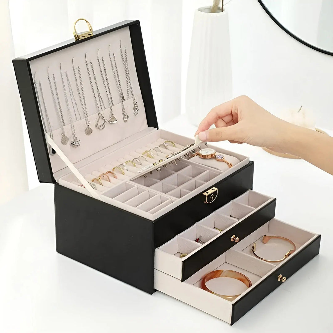 Elegante mehrschichtige Schmuckbox aus PU-Leder für stilvolle Schmuckaufbewahrung und Ordnung.