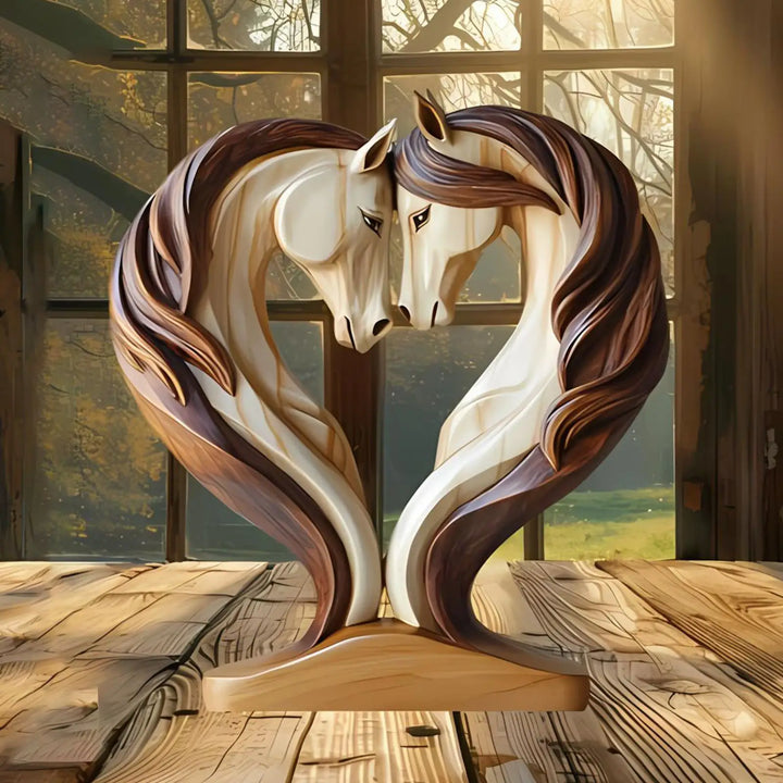 Elegante Pferdeskulptur aus Holz in Umarmungs-Pose. Handgemachte Holzdeko, perfekt für Wohndekoration.