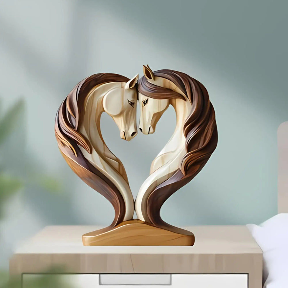 Naturholz Pferdeskulptur als Liebesymbol in Umarmung. Handgemachte Tierfigur, ideale Tischdeko & Geschenkidee.