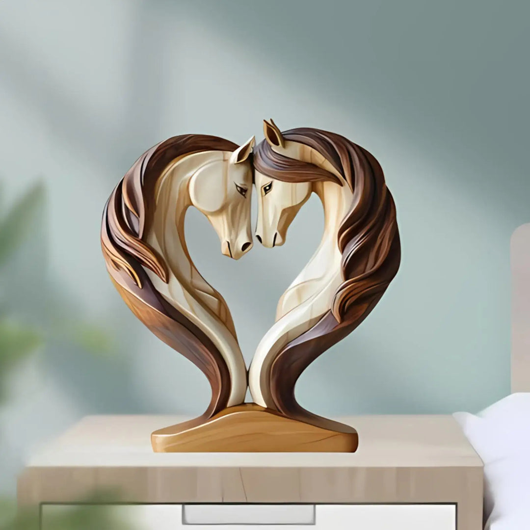 Naturholz Pferdeskulptur als Liebesymbol in Umarmung. Handgemachte Tierfigur, ideale Tischdeko & Geschenkidee.