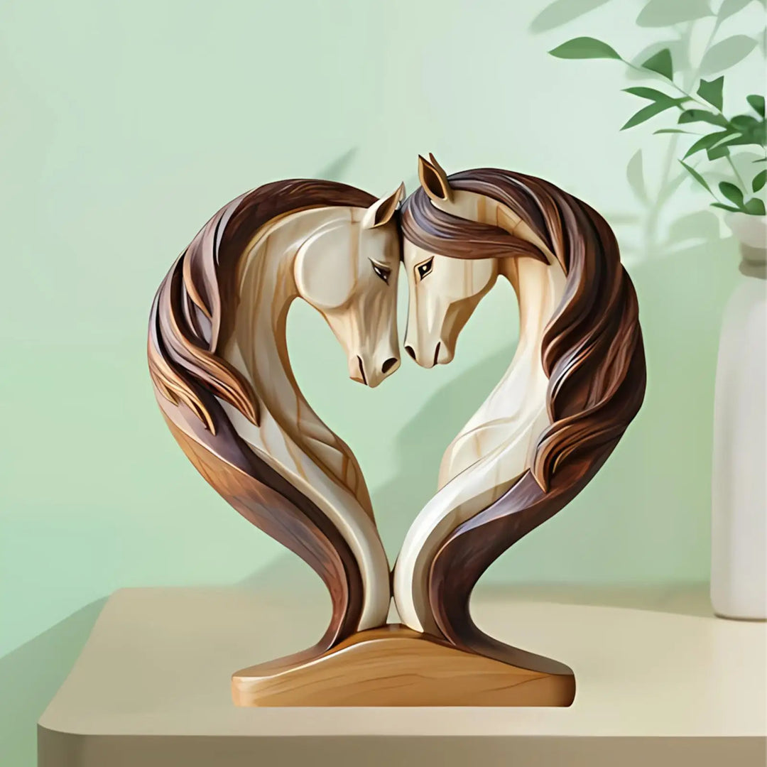 Einzigartige Geschenkidee: Handgemachte Pferdeskulptur in Umarmungs-Pose. Elegante Holzfigur für Büro & Zuhause.