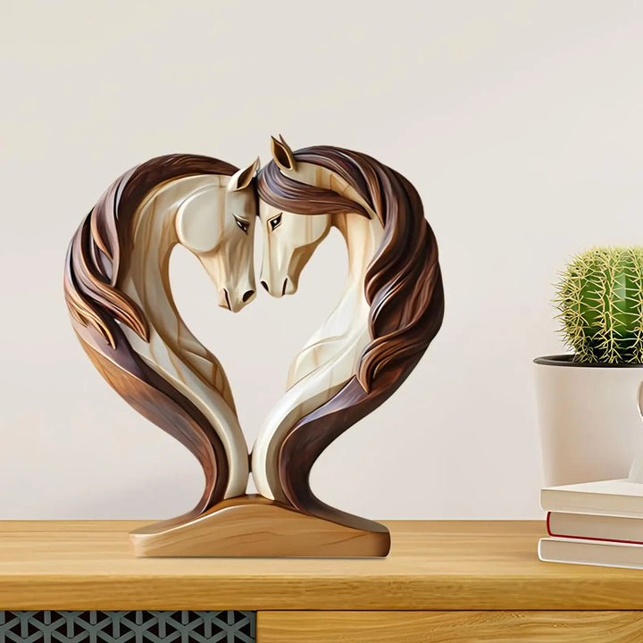 Zwei Pferde umarmen sich: Naturholz Skulptur. Charmante Tierfigur als harmonische Deko für Tisch, Regal oder Büro.