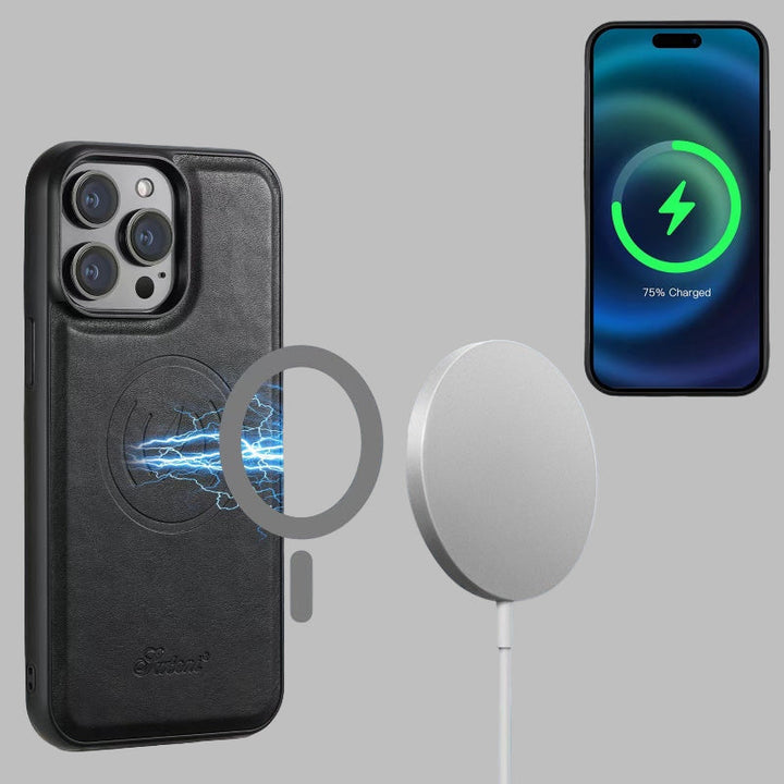 iPhone Schutzhülle aus echtem Leder mit Kartenfach und Ständerfunktion für bequemes Freisprechen.