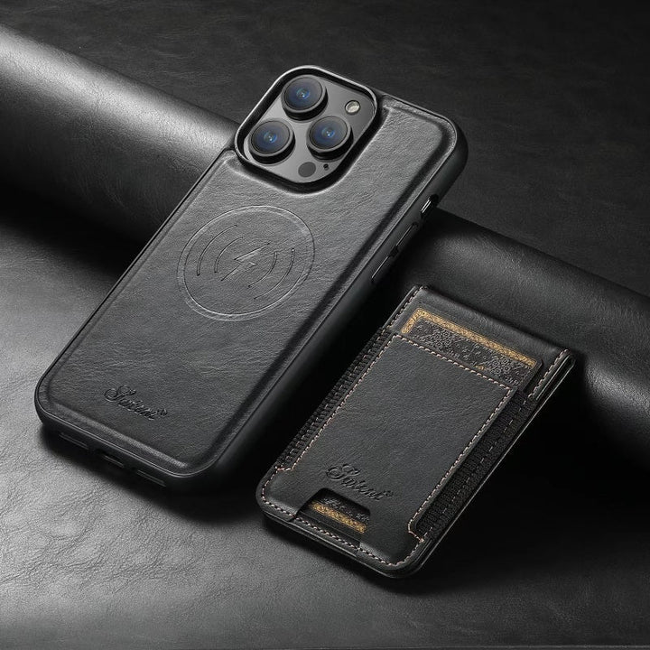 Leder Handyhülle für iPhone mit MagSafe-Kompatibilität, Kartenhalter und praktischer Ständerfunktion.