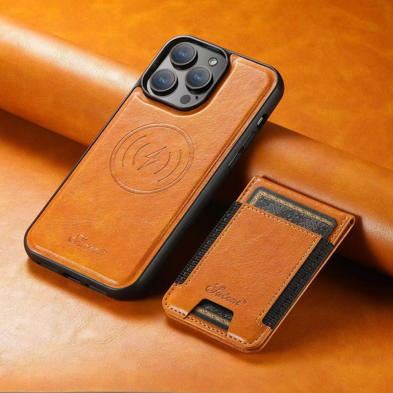 Stilvolle iPhone Handyhülle aus Leder mit integriertem Kartenhalter und Ständer für optimale Nutzung.