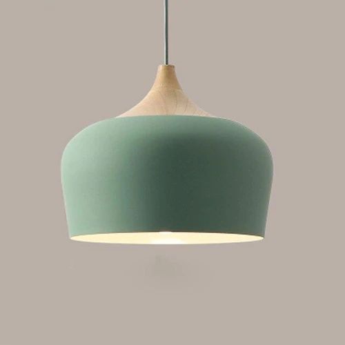Unteransicht: Pastell-Retro-Pendelleuchte mit E27 Fassung. Metallschirm & Holzdetails. Ideal für helle Räume.