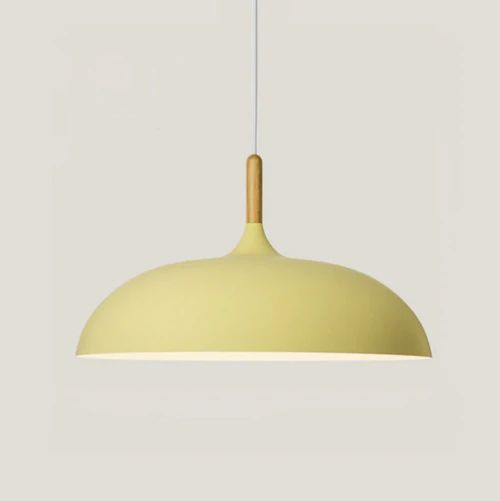 Elegante Retro-Pendelleuchte für die Küche. Metall & Holz, Pastellfarben. Moderne Hängelampe mit E27 Fassung.