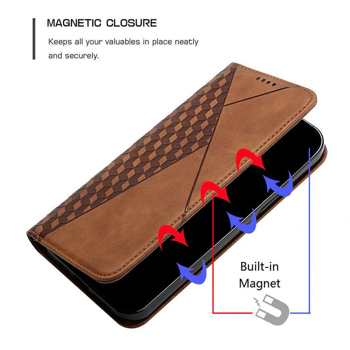 Elegante Samsung Galaxy Schutzhülle aus PU-Leder mit praktischen Kartenfächern und stilvollem Rautendesign.