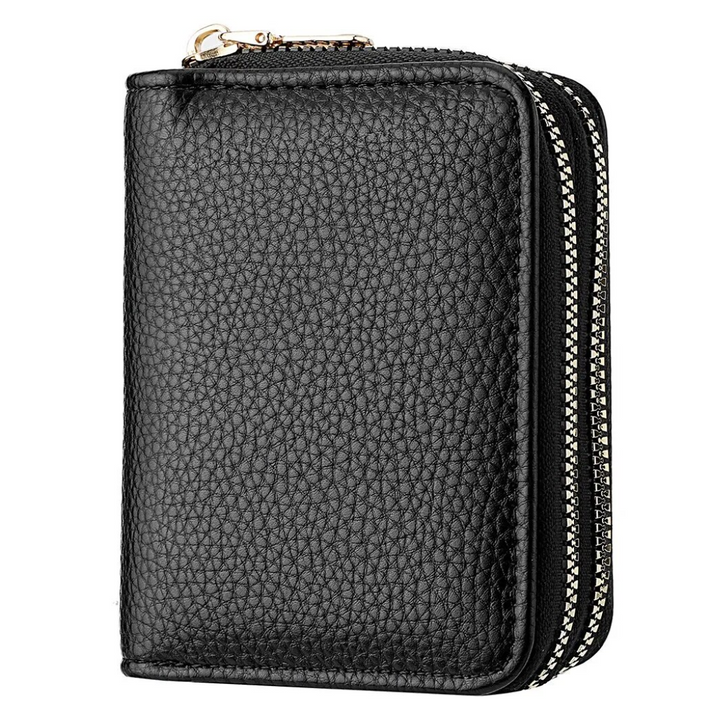 Elegante schwarze Damen Lychee Geldbörse, Kurzportemonnaie. Perfekt organisiertes Accessoire für Frauen.