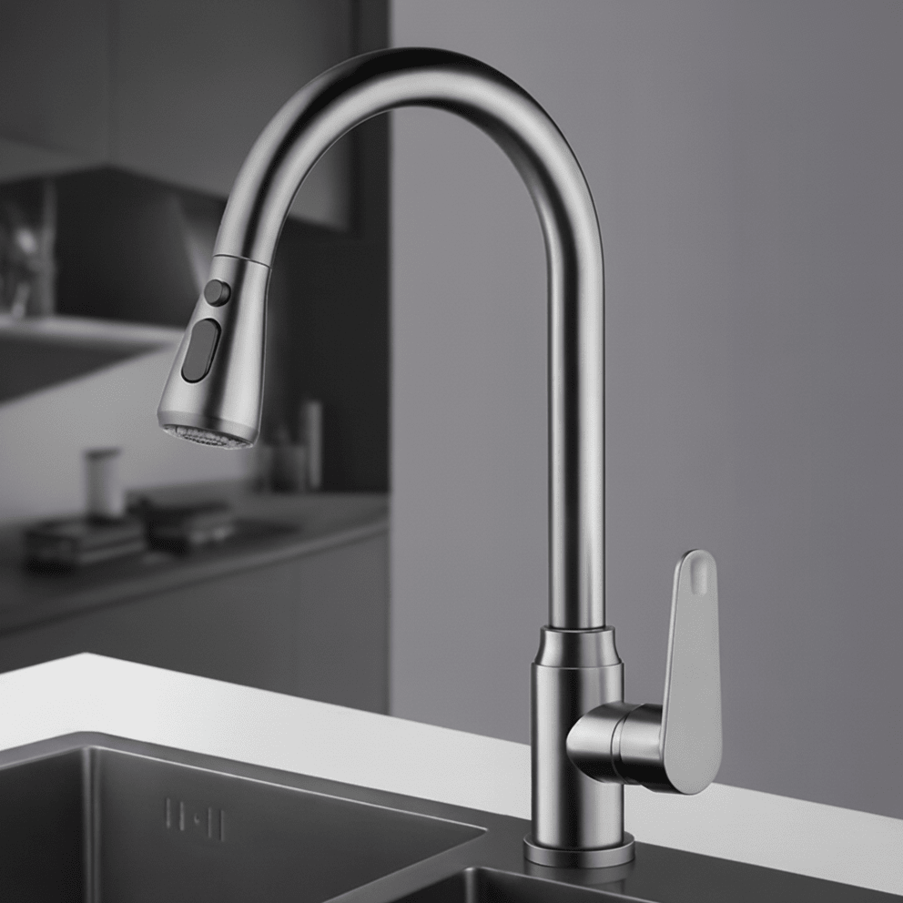 SWIVELUX Wasserhahn, ausziehbar und 360° drehbar, in zeitloser Chrom-Optik.